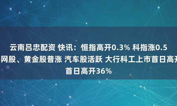 云南吕忠配资 快讯：恒指高开0.3% 科指涨0.57% 科网股、黄金股普涨 汽车股活跃 大行科工上市首日高开36%